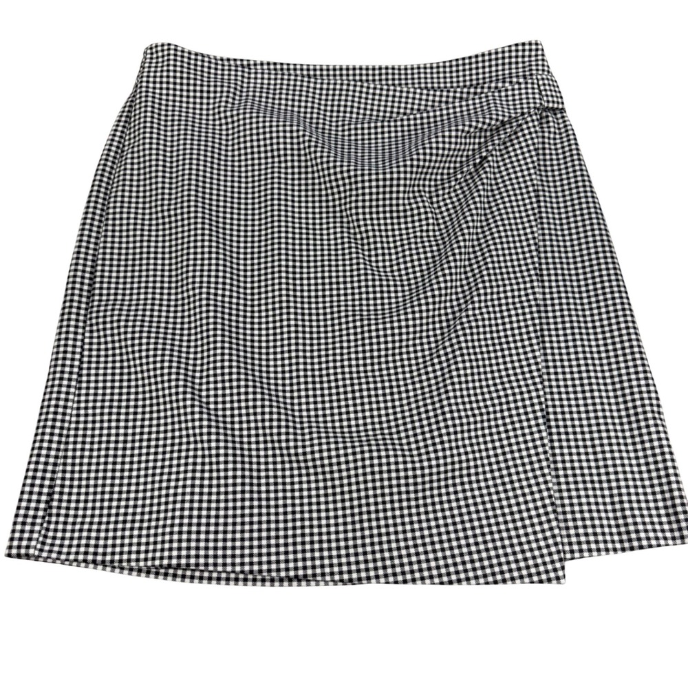 J. Jill‎ Womens Black White Gingham Faux Wrap Skirt Size L Elastic Back Mini